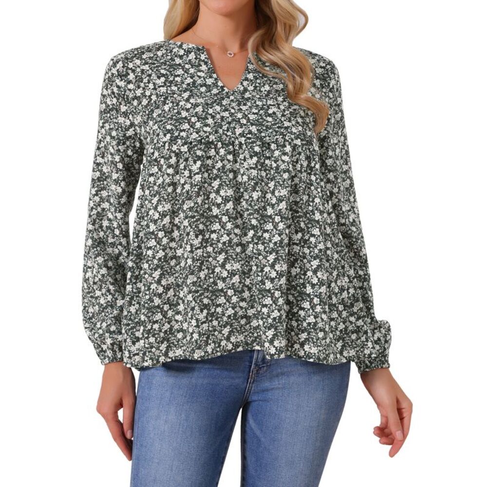 Babydoll Top V Neck Floral Blouse Long Sleeve Spring Fall Top Black